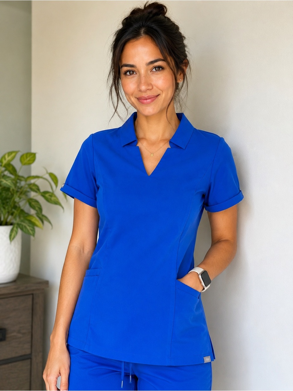 FIGS Technical Collection Scrub Top XS Blue V-Neck Collared Stretch Medical